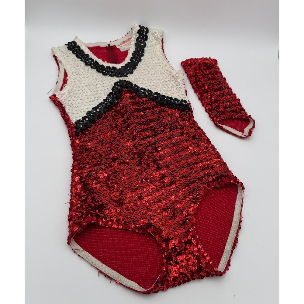 Vintage Drill Team Unitard Sequined 1980s Uniform with 1 Glove Red & Black